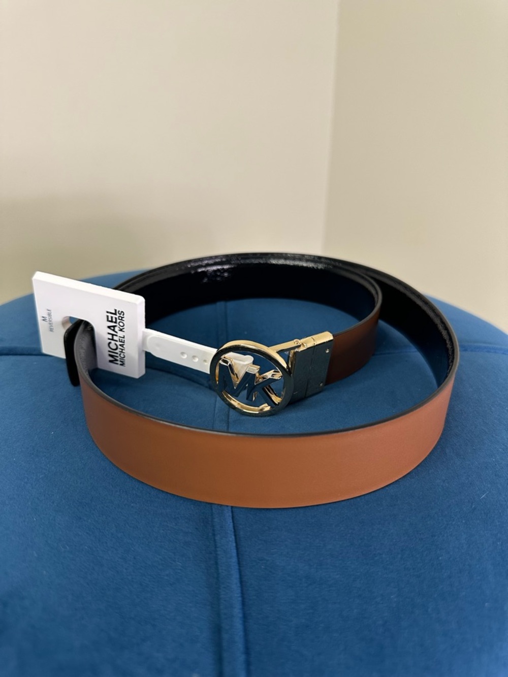 Michael Kors Reversible Brown and Black Leather Belt with Gold MK Circle Buckle